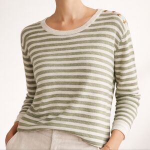 Lafayette 148 Linen Blend Stripe Sweater Button Shoulder Pullover Green L